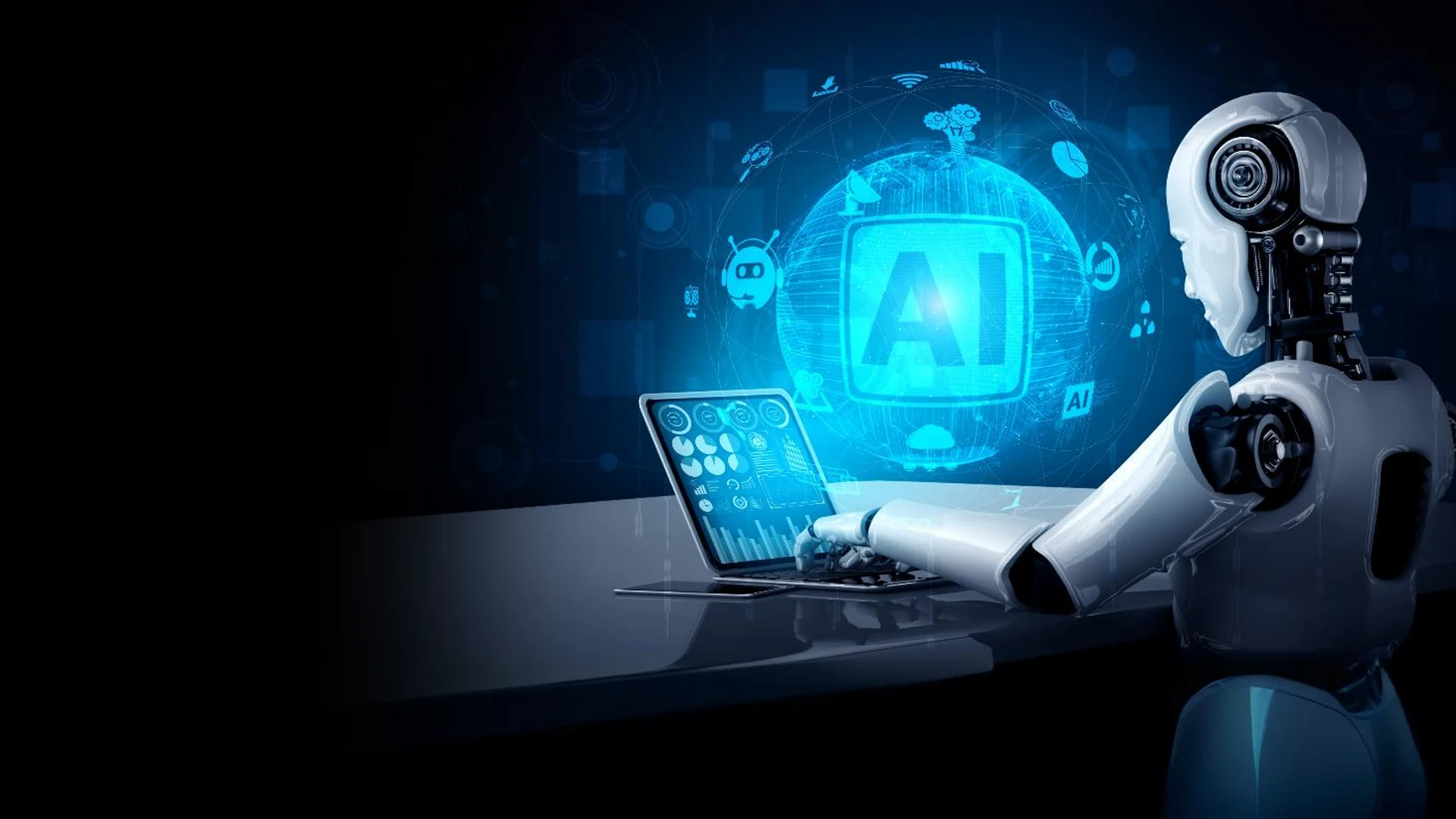 artificial intelligence robot using laptop futuristic technology